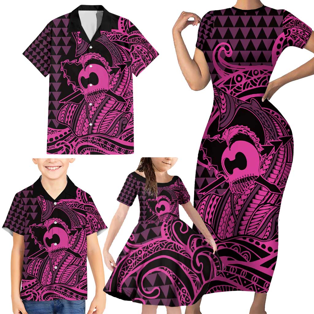 Koa Ikaika Warrior Helmet with Shark Family Matching Short Sleeve Bodycon Dress and Hawaiian Shirt Pink Kakau Style LT9 - Polynesian Pride