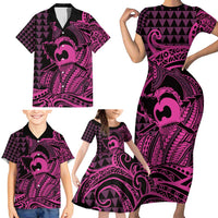 Koa Ikaika Warrior Helmet with Shark Family Matching Short Sleeve Bodycon Dress and Hawaiian Shirt Pink Kakau Style LT9 - Polynesian Pride