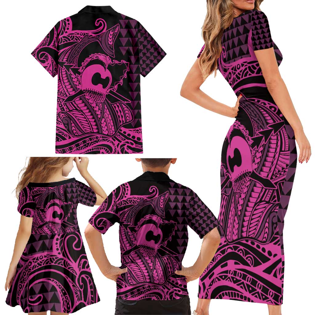 Koa Ikaika Warrior Helmet with Shark Family Matching Short Sleeve Bodycon Dress and Hawaiian Shirt Pink Kakau Style LT9 - Polynesian Pride