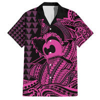 Koa Ikaika Warrior Helmet with Shark Family Matching Short Sleeve Bodycon Dress and Hawaiian Shirt Pink Kakau Style LT9 Dad's Shirt - Short Sleeve Pink - Polynesian Pride