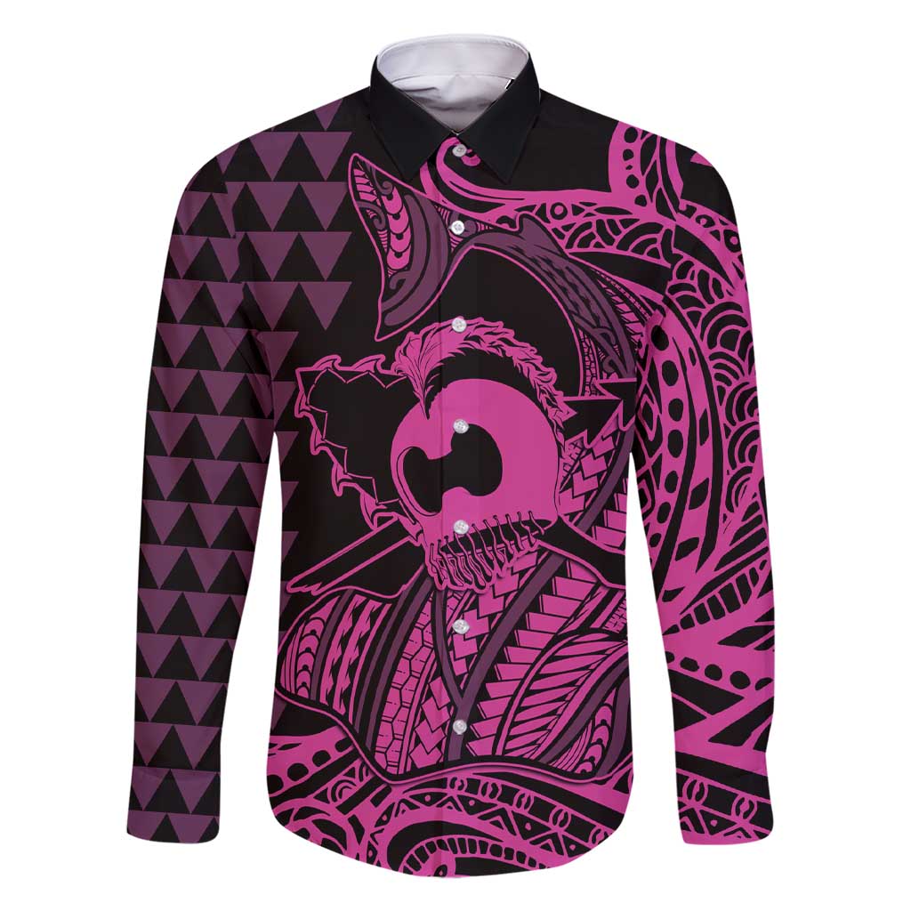 Koa Ikaika Warrior Helmet with Shark Family Matching Short Sleeve Bodycon Dress and Hawaiian Shirt Pink Kakau Style LT9 Dad's Shirt - Long Sleeve Pink - Polynesian Pride