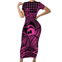 Koa Ikaika Warrior Helmet with Shark Family Matching Short Sleeve Bodycon Dress and Hawaiian Shirt Pink Kakau Style LT9 Mom's Dress Pink - Polynesian Pride