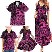 Koa Ikaika Warrior Helmet with Shark Family Matching Summer Maxi Dress and Hawaiian Shirt Pink Kakau Style LT9 - Polynesian Pride