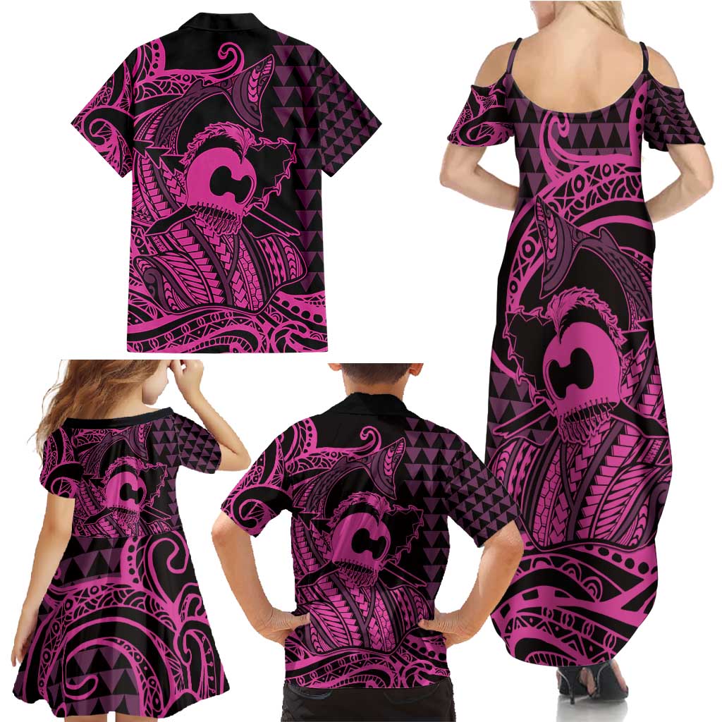 Koa Ikaika Warrior Helmet with Shark Family Matching Summer Maxi Dress and Hawaiian Shirt Pink Kakau Style LT9 - Polynesian Pride