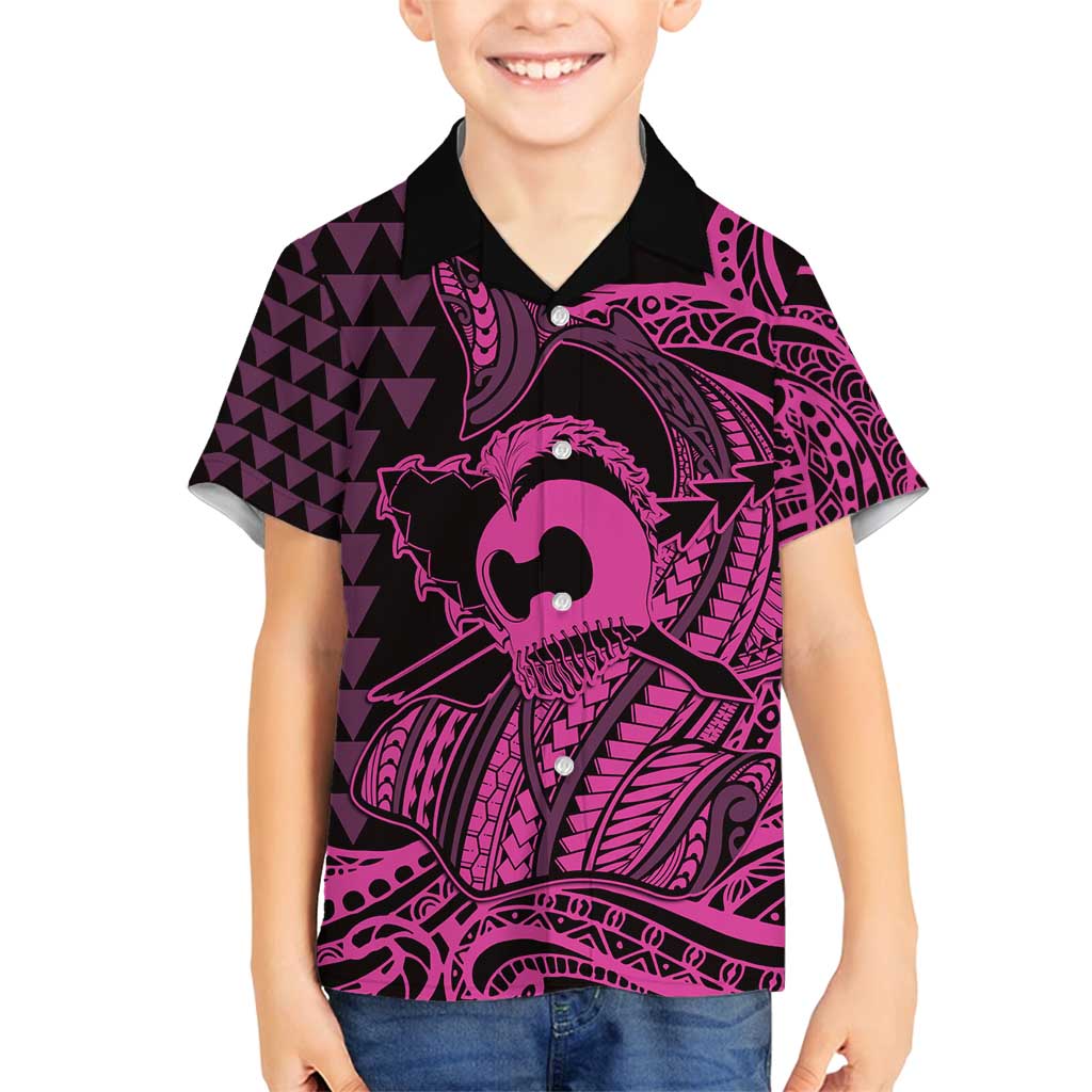 Koa Ikaika Warrior Helmet with Shark Family Matching Summer Maxi Dress and Hawaiian Shirt Pink Kakau Style LT9 Son's Shirt Pink - Polynesian Pride