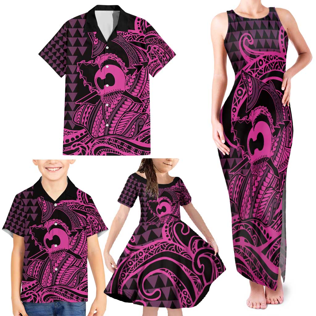 Koa Ikaika Warrior Helmet with Shark Family Matching Tank Maxi Dress and Hawaiian Shirt Pink Kakau Style LT9 - Polynesian Pride