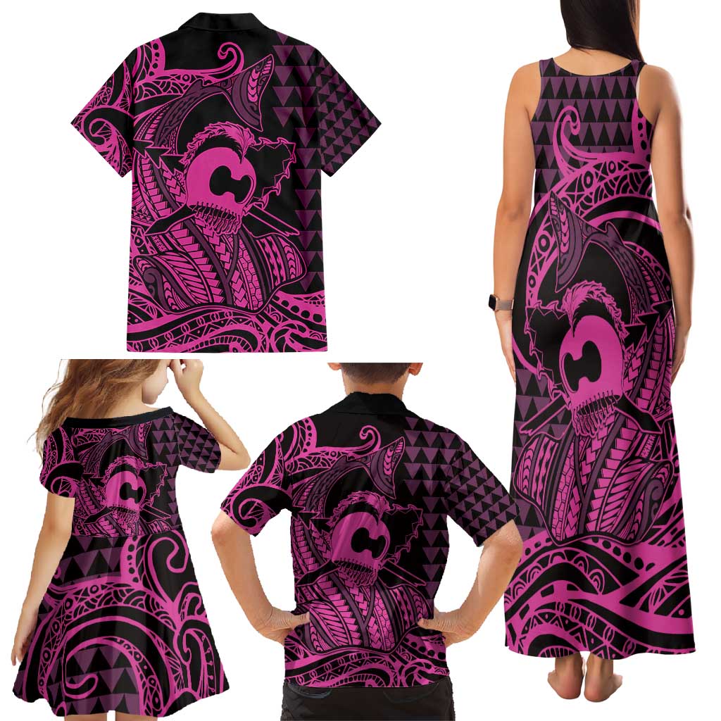 Koa Ikaika Warrior Helmet with Shark Family Matching Tank Maxi Dress and Hawaiian Shirt Pink Kakau Style LT9 - Polynesian Pride