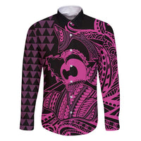 Koa Ikaika Warrior Helmet with Shark Family Matching Tank Maxi Dress and Hawaiian Shirt Pink Kakau Style LT9 Dad's Shirt - Long Sleeve Pink - Polynesian Pride