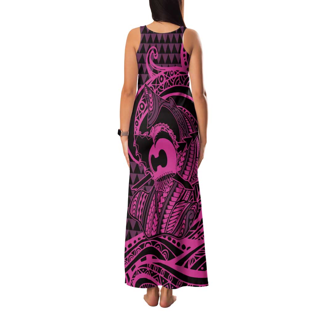 Koa Ikaika Warrior Helmet with Shark Family Matching Tank Maxi Dress and Hawaiian Shirt Pink Kakau Style LT9 - Polynesian Pride