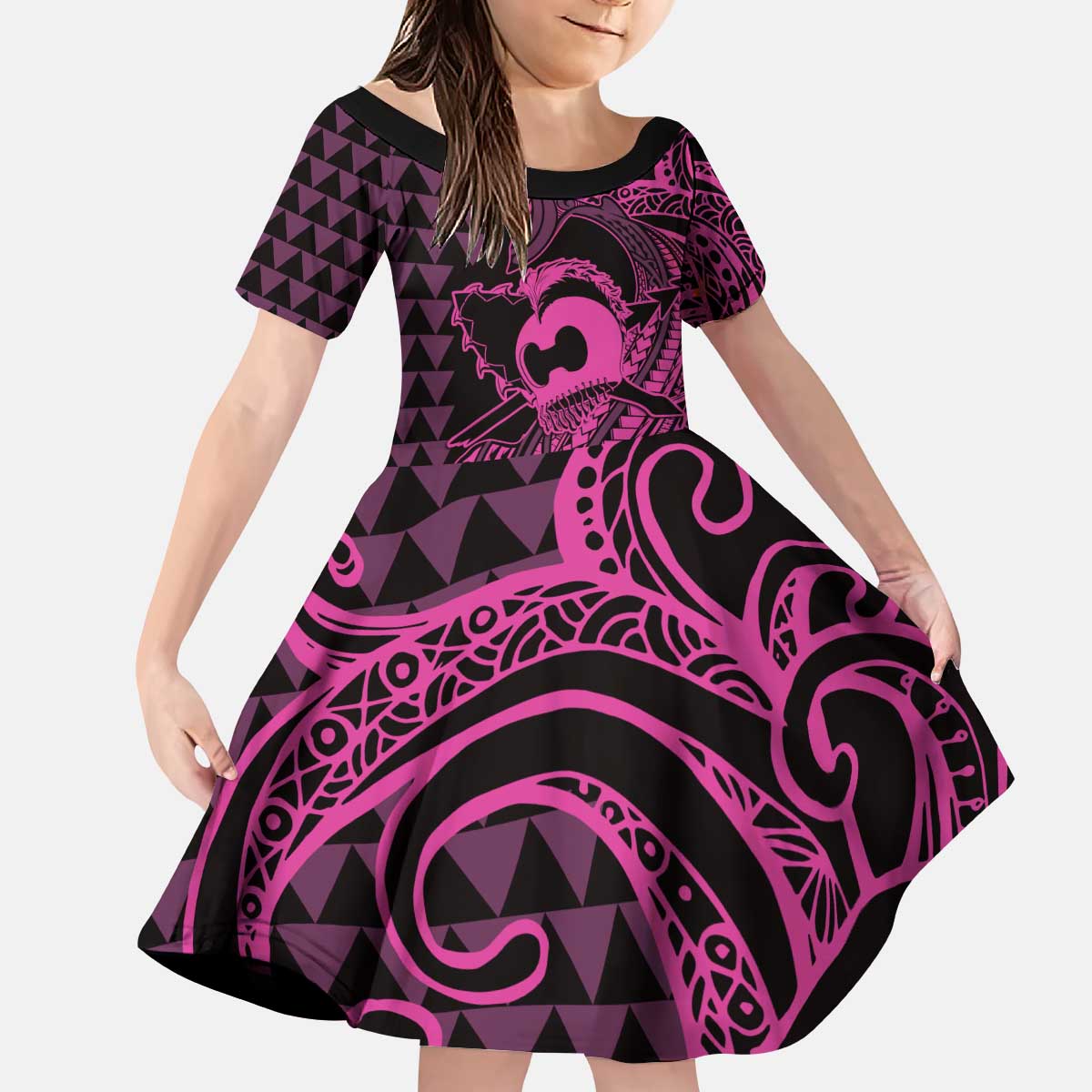 Koa Ikaika Warrior Helmet with Shark Kid Short Sleeve Dress Pink Kakau Style