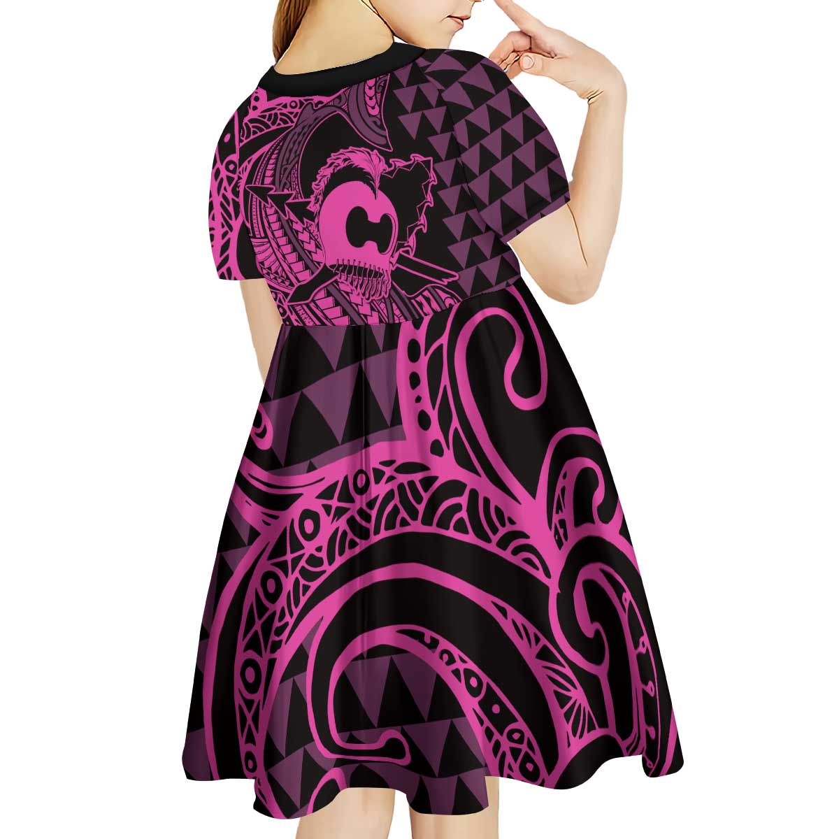 Koa Ikaika Warrior Helmet with Shark Kid Short Sleeve Dress Pink Kakau Style