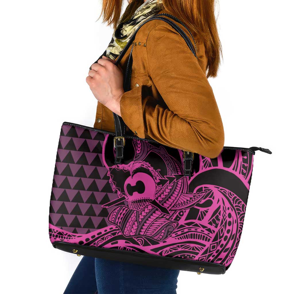 Koa Ikaika Warrior Helmet with Shark Leather Tote Bag Pink Kakau Style LT9 Pink - Polynesian Pride
