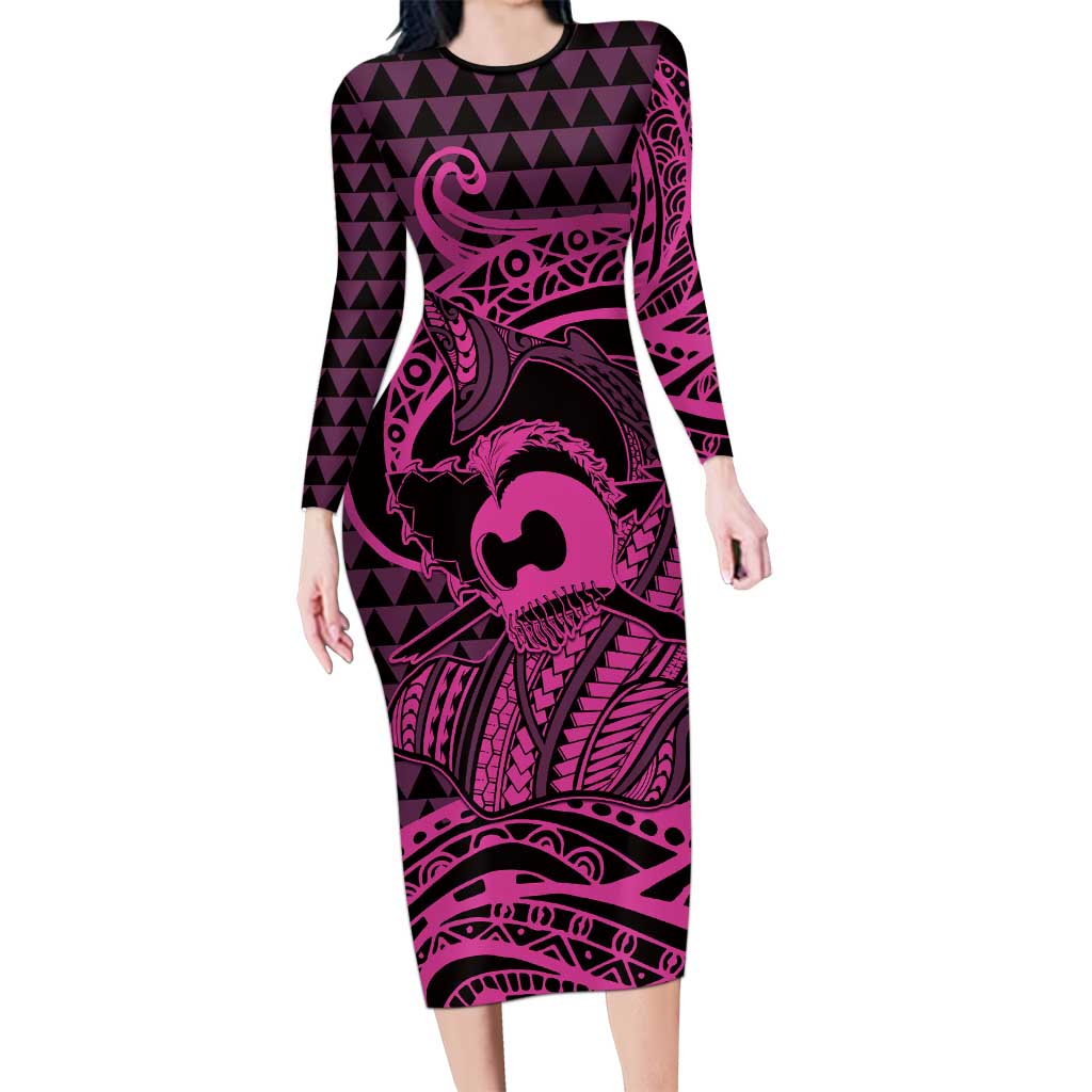 Koa Ikaika Warrior Helmet with Shark Long Sleeve Bodycon Dress Pink Kakau Style LT9 Long Dress Pink - Polynesian Pride