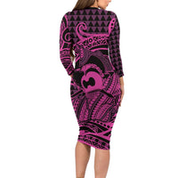 Koa Ikaika Warrior Helmet with Shark Long Sleeve Bodycon Dress Pink Kakau Style LT9 - Polynesian Pride