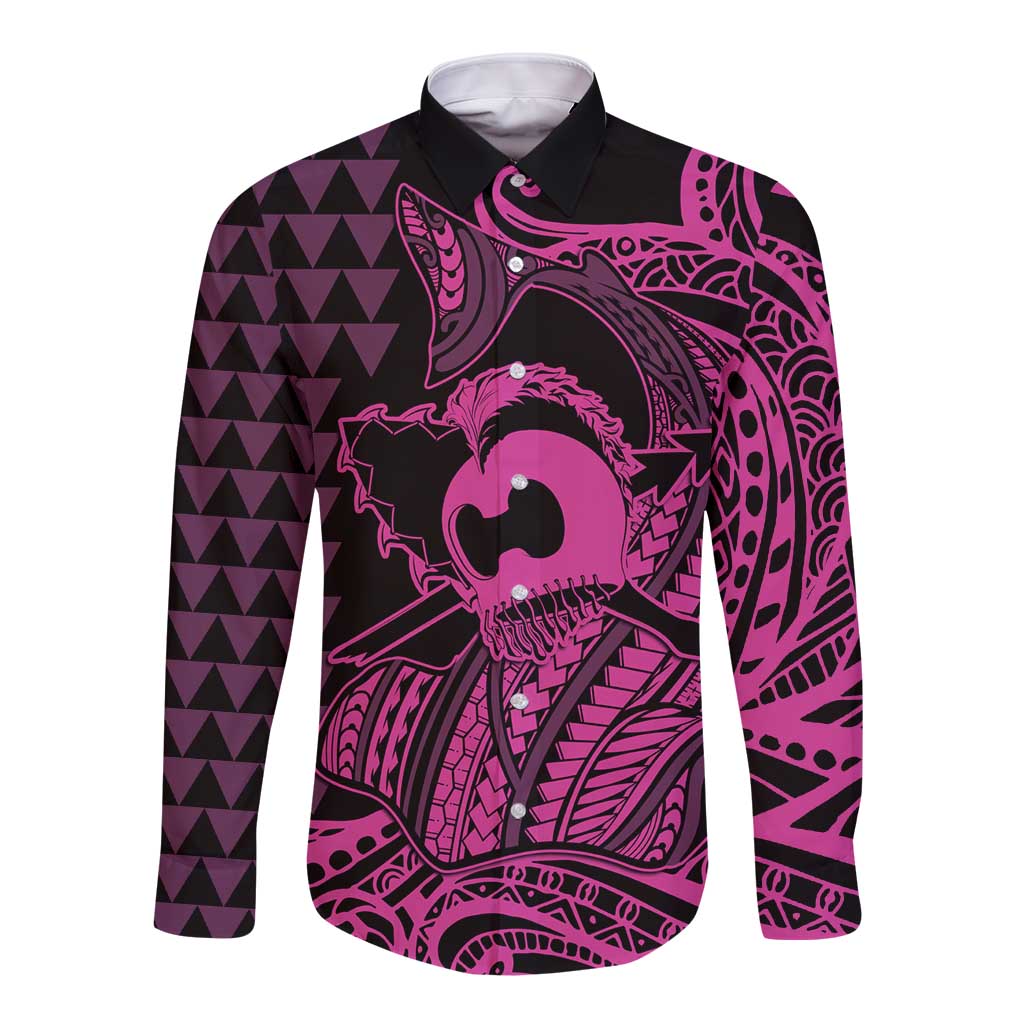 Koa Ikaika Warrior Helmet with Shark Long Sleeve Button Shirt Pink Kakau Style LT9 Unisex Pink - Polynesian Pride