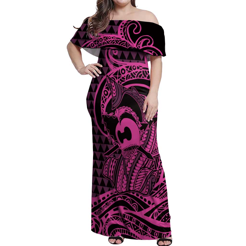 Koa Ikaika Warrior Helmet with Shark Off Shoulder Maxi Dress Pink Kakau Style LT9 Women Pink - Polynesian Pride