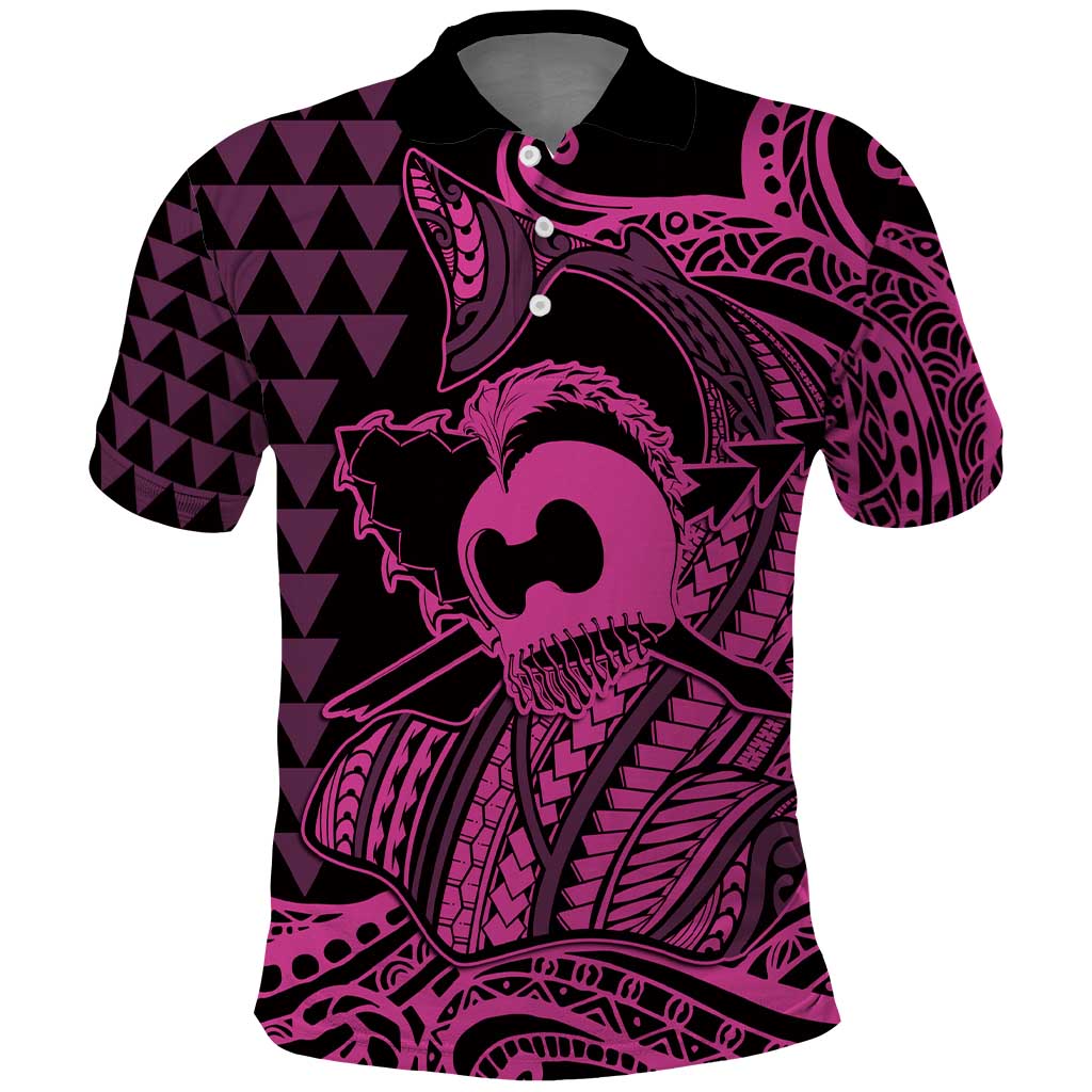 Koa Ikaika Warrior Helmet with Shark Polo Shirt Pink Kakau Style