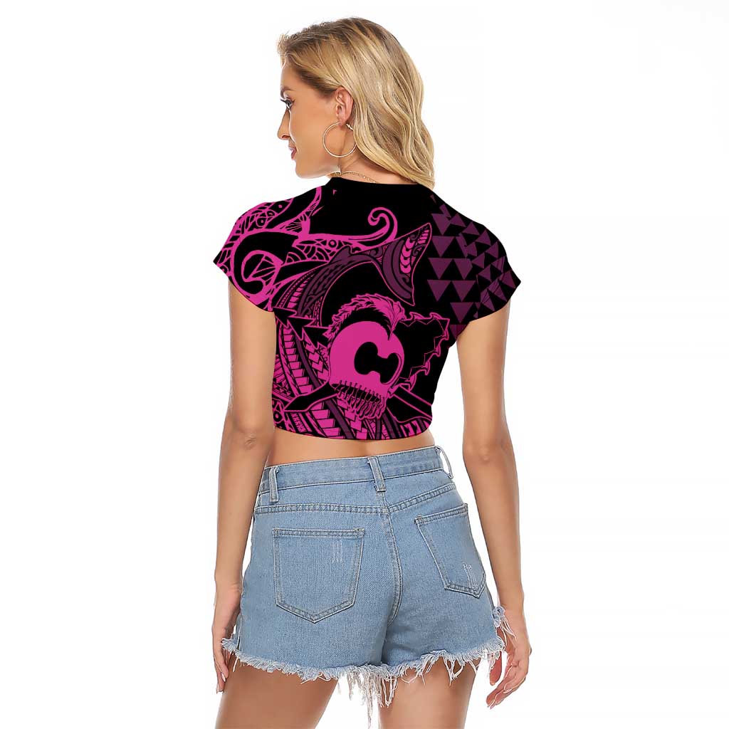 Koa Ikaika Warrior Helmet with Shark Raglan Cropped T Shirt Pink Kakau Style