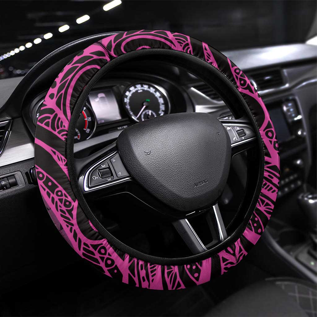 Koa Ikaika Warrior Helmet with Shark Steering Wheel Cover Pink Kakau Style LT9 Universal Fit Pink - Polynesian Pride