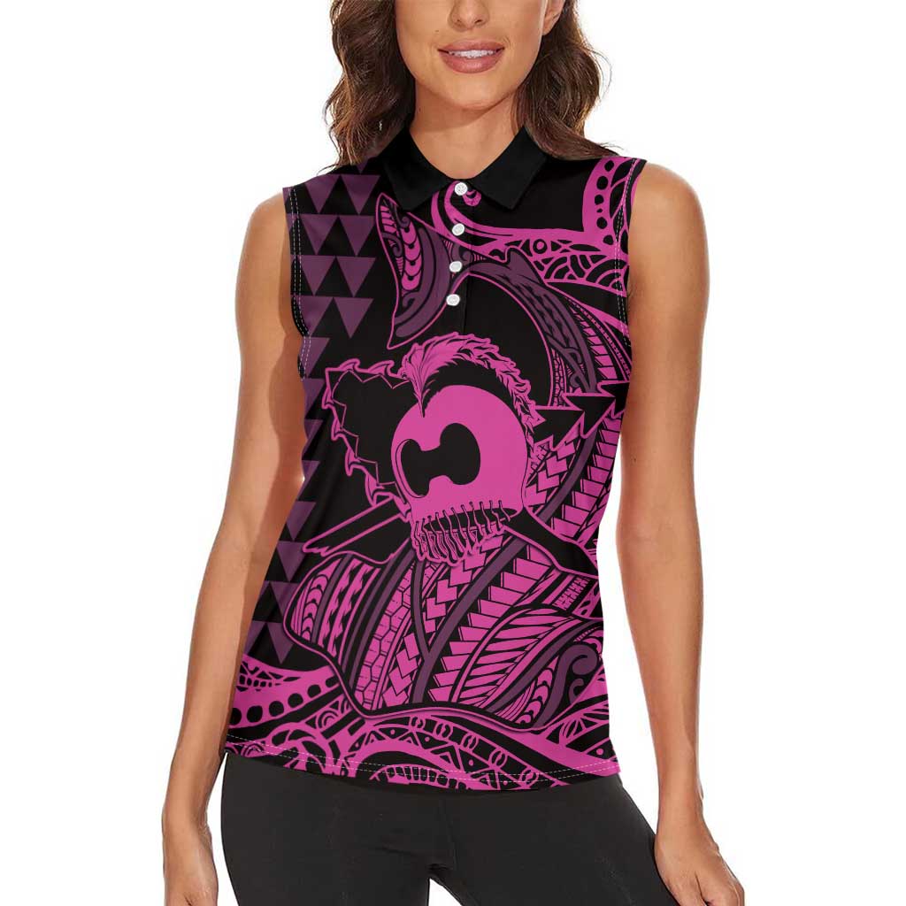 Koa Ikaika Warrior Helmet with Shark Women Sleeveless Polo Shirt Pink Kakau Style