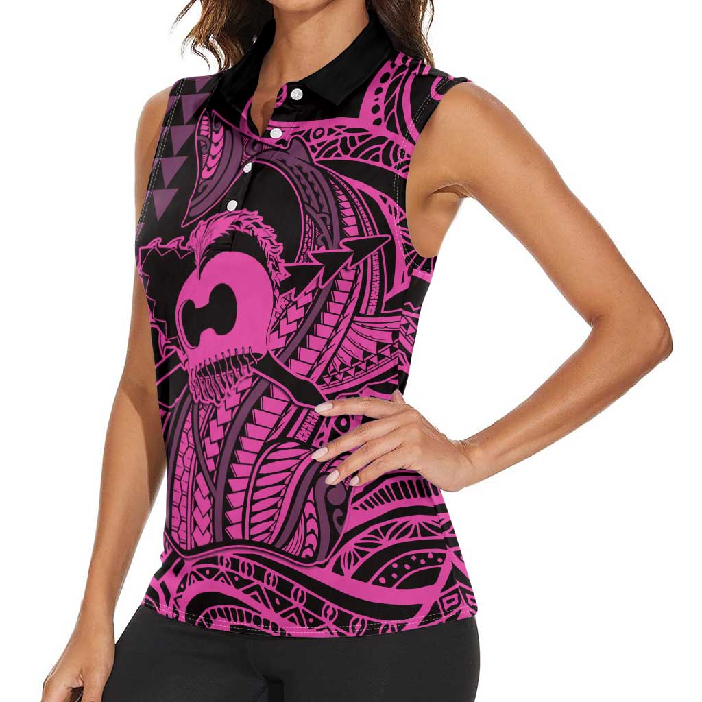 Koa Ikaika Warrior Helmet with Shark Women Sleeveless Polo Shirt Pink Kakau Style