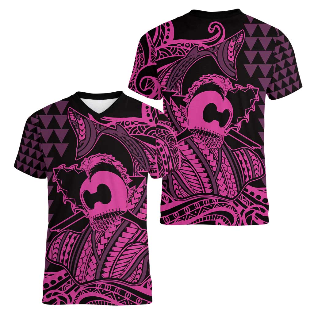 Koa Ikaika Warrior Helmet with Shark Women V-Neck T-Shirt Pink Kakau Style