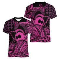 Koa Ikaika Warrior Helmet with Shark Women V-Neck T-Shirt Pink Kakau Style