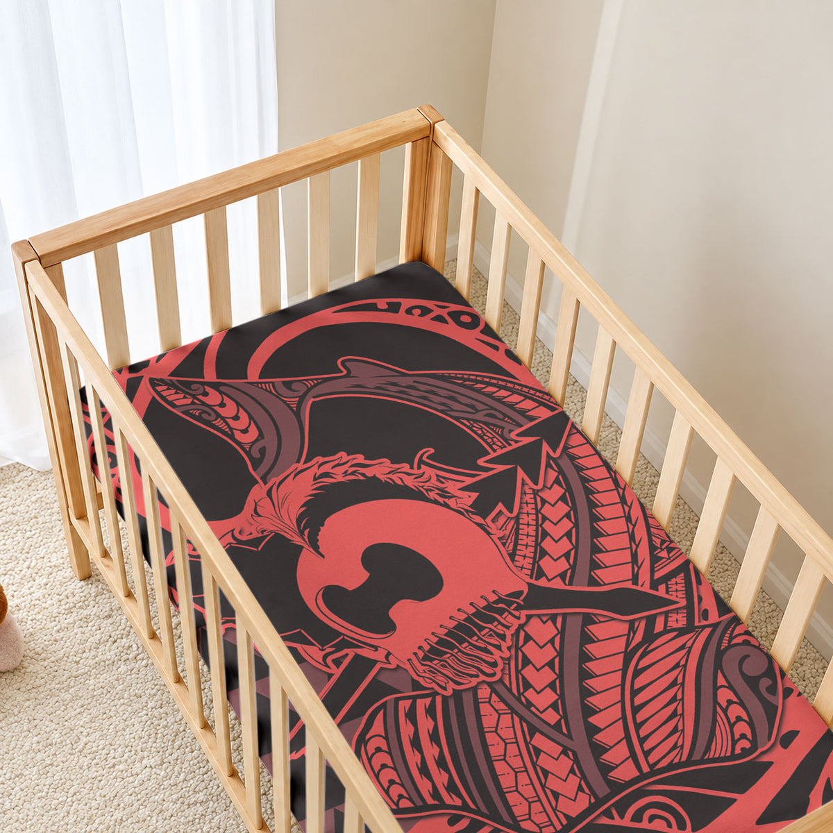 Koa Ikaika Warrior Helmet with Shark Baby Bed Cover Red Kakau Style LT9 - Polynesian Pride
