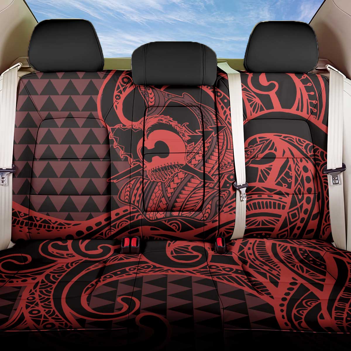 Koa Ikaika Warrior Helmet with Shark Back Car Seat Cover Red Kakau Style LT9 One Size Red - Polynesian Pride
