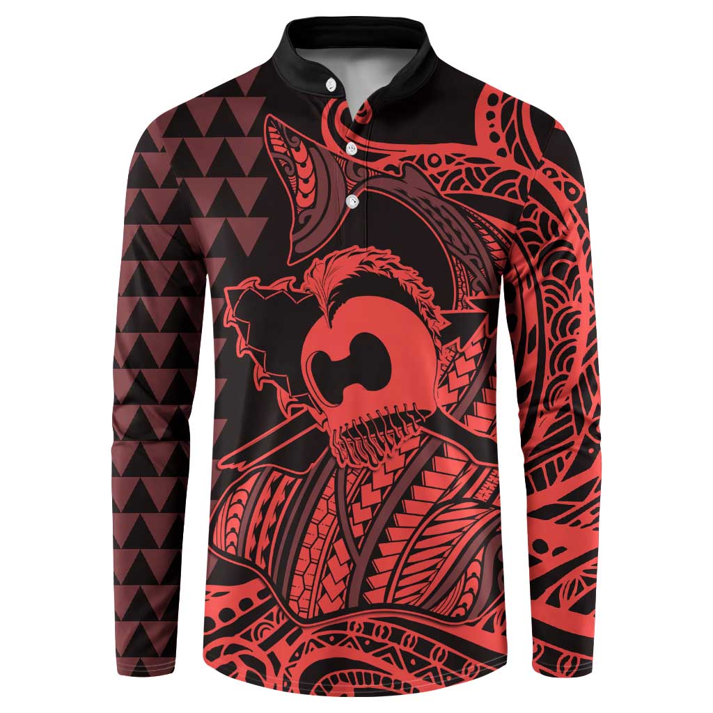 Koa Ikaika Warrior Helmet with Shark Button Sweatshirt Red Kakau Style LT9 Red - Polynesian Pride