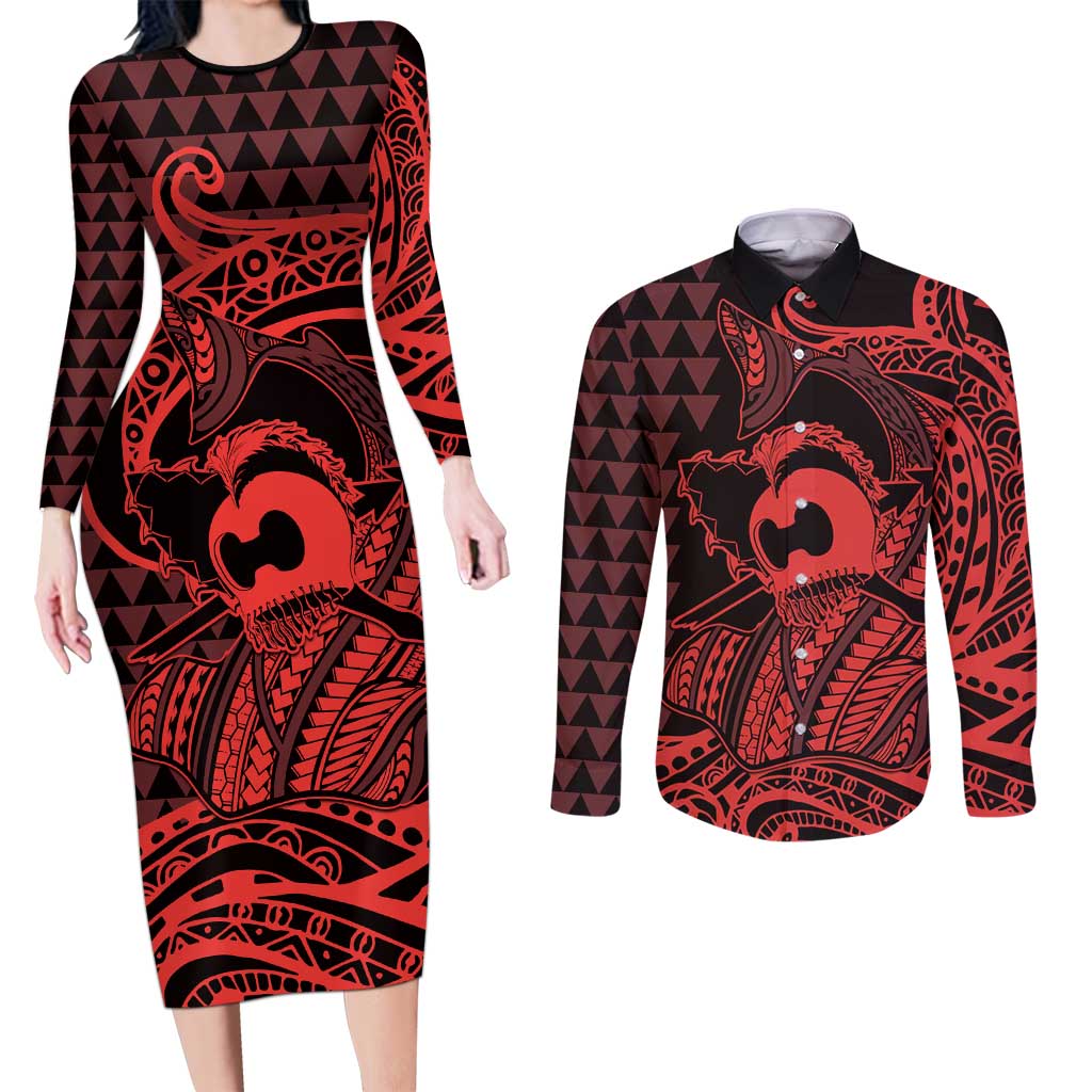 Koa Ikaika Warrior Helmet with Shark Couples Matching Long Sleeve Bodycon Dress and Long Sleeve Button Shirt Red Kakau Style