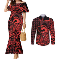 Koa Ikaika Warrior Helmet with Shark Couples Matching Mermaid Dress and Long Sleeve Button Shirt Red Kakau Style
