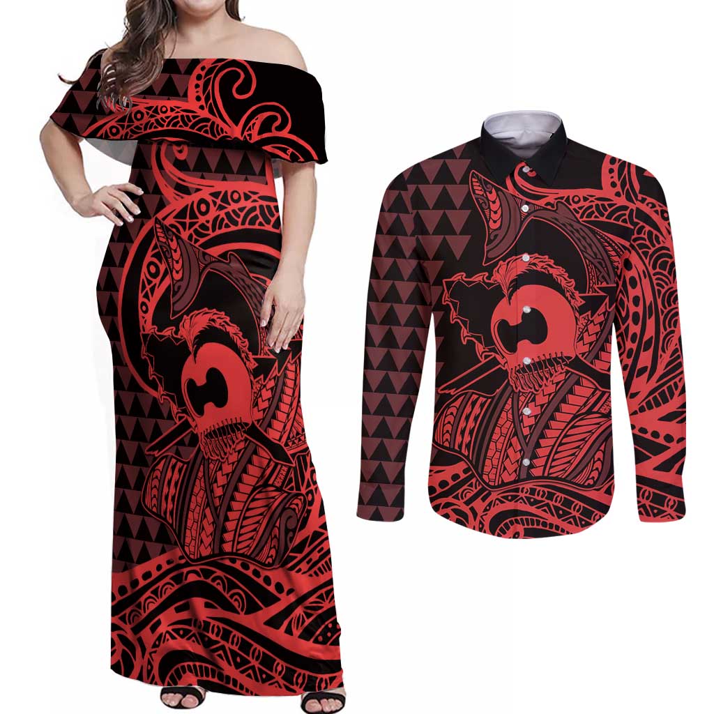 Koa Ikaika Warrior Helmet with Shark Couples Matching Off Shoulder Maxi Dress and Long Sleeve Button Shirt Red Kakau Style