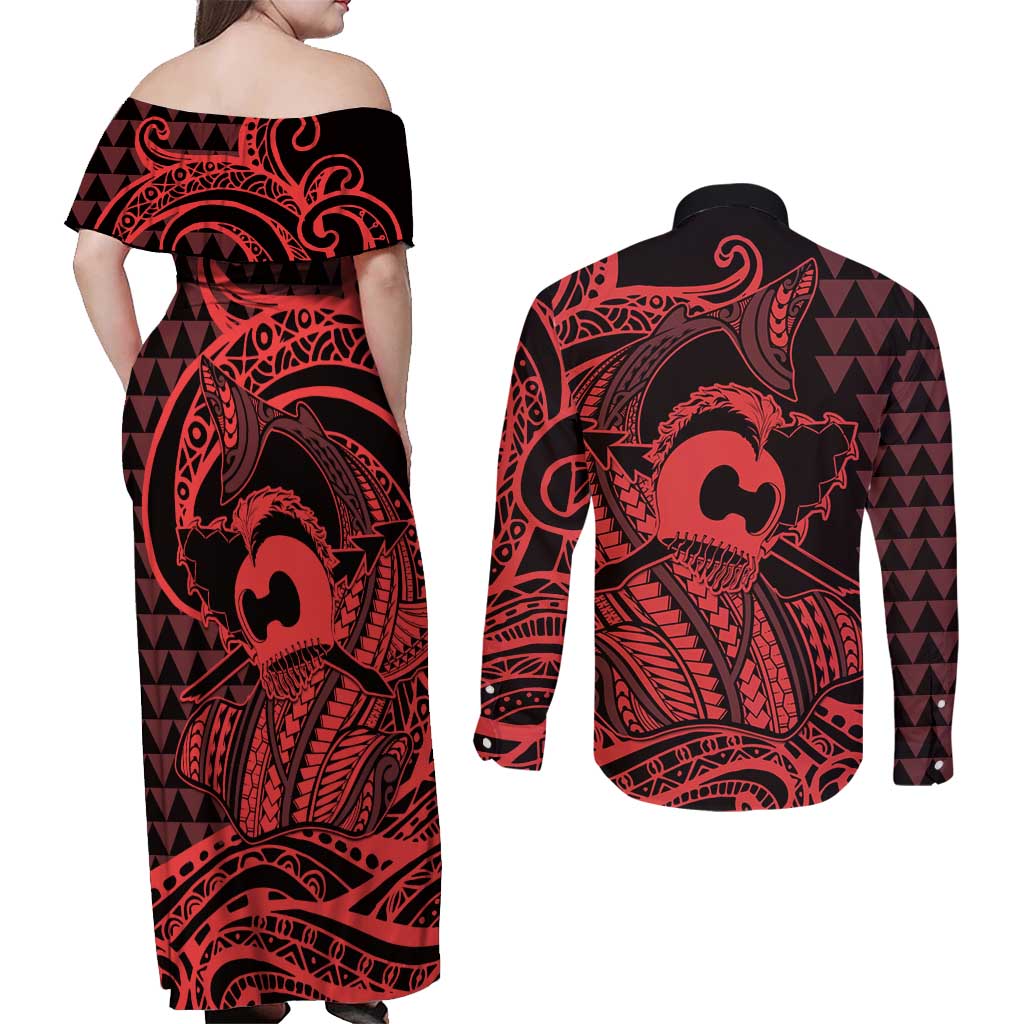 Koa Ikaika Warrior Helmet with Shark Couples Matching Off Shoulder Maxi Dress and Long Sleeve Button Shirt Red Kakau Style
