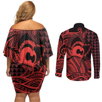 Koa Ikaika Warrior Helmet with Shark Couples Matching Off Shoulder Short Dress and Long Sleeve Button Shirt Red Kakau Style