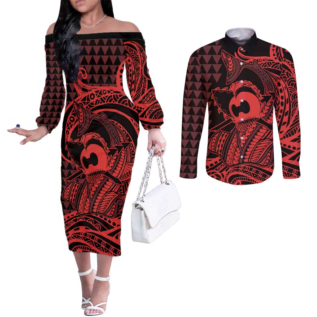 Koa Ikaika Warrior Helmet with Shark Couples Matching Off The Shoulder Long Sleeve Dress and Long Sleeve Button Shirt Red Kakau Style