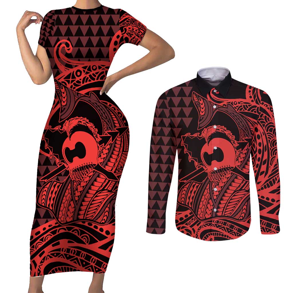 Koa Ikaika Warrior Helmet with Shark Couples Matching Short Sleeve Bodycon Dress and Long Sleeve Button Shirt Red Kakau Style