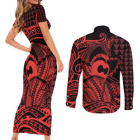 Koa Ikaika Warrior Helmet with Shark Couples Matching Short Sleeve Bodycon Dress and Long Sleeve Button Shirt Red Kakau Style