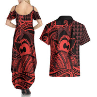Koa Ikaika Warrior Helmet with Shark Couples Matching Summer Maxi Dress and Hawaiian Shirt Red Kakau Style
