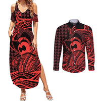 Koa Ikaika Warrior Helmet with Shark Couples Matching Summer Maxi Dress and Long Sleeve Button Shirt Red Kakau Style