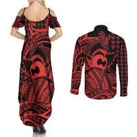 Koa Ikaika Warrior Helmet with Shark Couples Matching Summer Maxi Dress and Long Sleeve Button Shirt Red Kakau Style