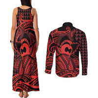 Koa Ikaika Warrior Helmet with Shark Couples Matching Tank Maxi Dress and Long Sleeve Button Shirt Red Kakau Style
