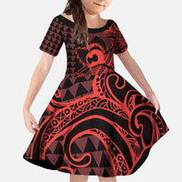 Koa Ikaika Warrior Helmet with Shark Family Matching Long Sleeve Bodycon Dress and Hawaiian Shirt Red Kakau Style LT9 Daughter's Dress Red - Polynesian Pride
