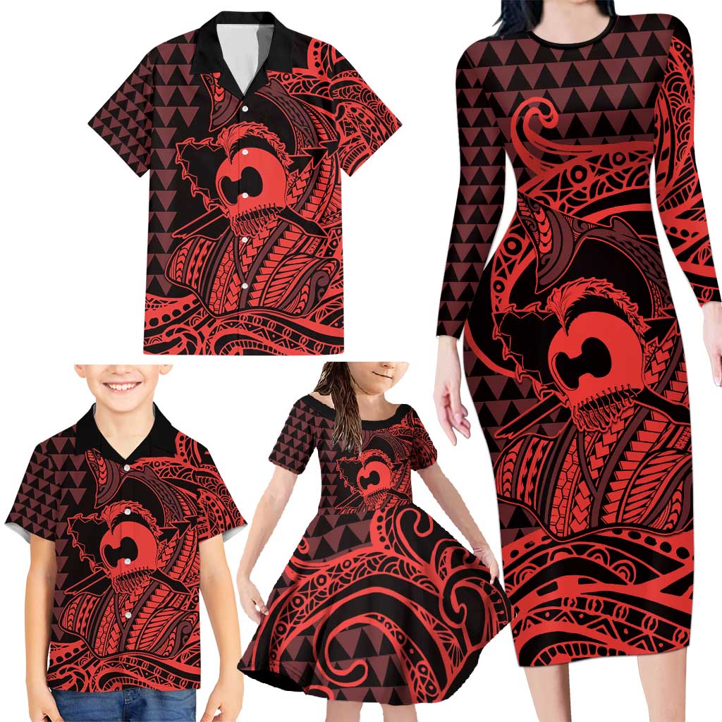 Koa Ikaika Warrior Helmet with Shark Family Matching Long Sleeve Bodycon Dress and Hawaiian Shirt Red Kakau Style LT9 - Polynesian Pride