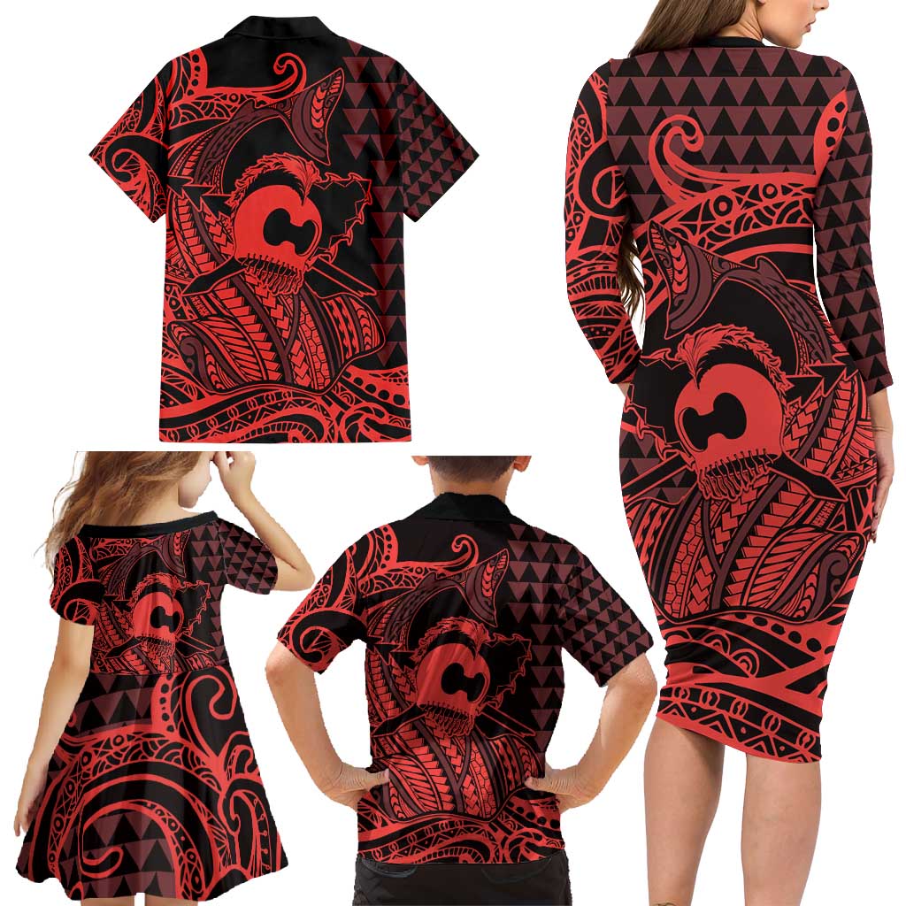 Koa Ikaika Warrior Helmet with Shark Family Matching Long Sleeve Bodycon Dress and Hawaiian Shirt Red Kakau Style LT9 - Polynesian Pride