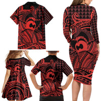Koa Ikaika Warrior Helmet with Shark Family Matching Long Sleeve Bodycon Dress and Hawaiian Shirt Red Kakau Style LT9 - Polynesian Pride