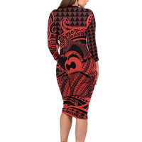 Koa Ikaika Warrior Helmet with Shark Family Matching Long Sleeve Bodycon Dress and Hawaiian Shirt Red Kakau Style LT9 - Polynesian Pride