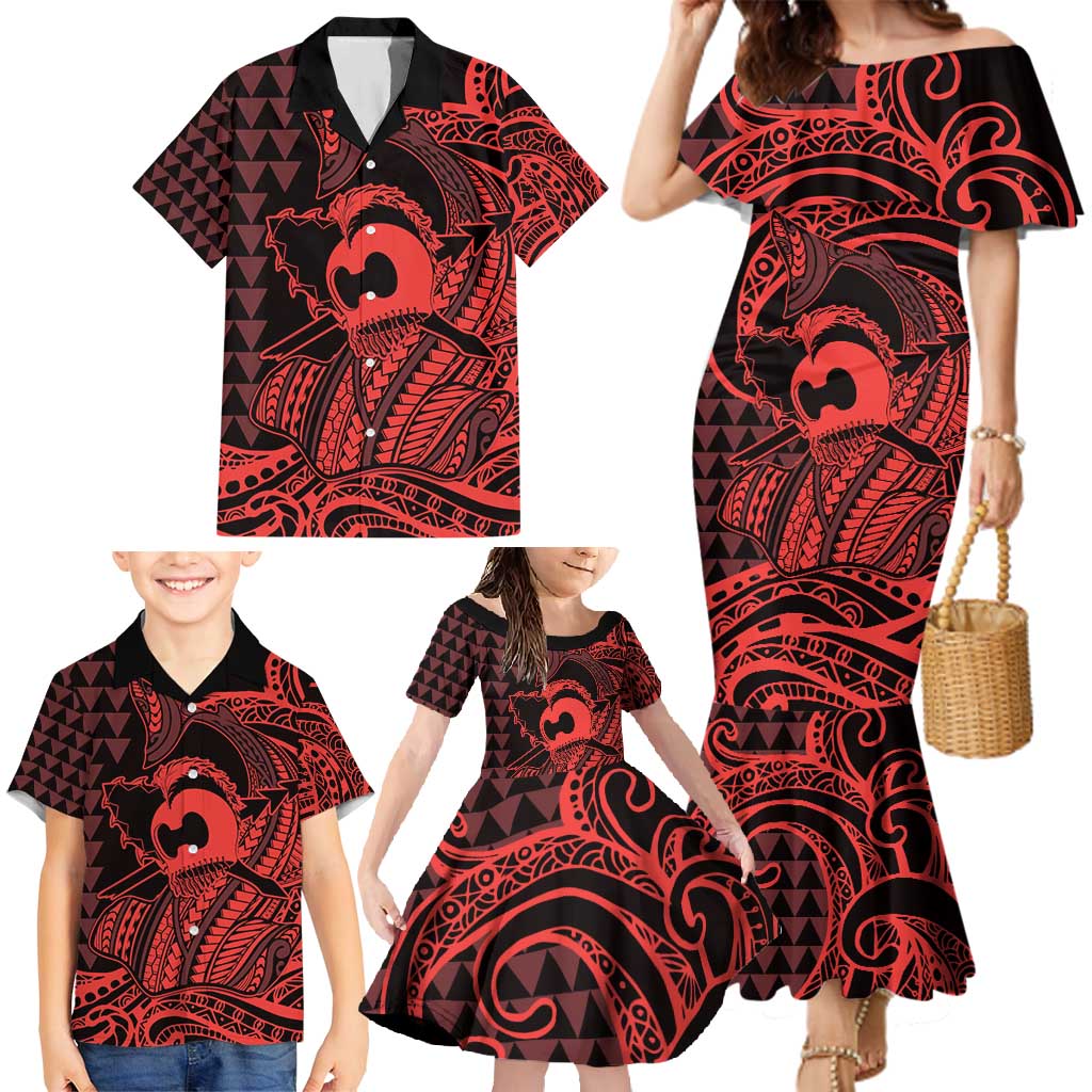 Koa Ikaika Warrior Helmet with Shark Family Matching Mermaid Dress and Hawaiian Shirt Red Kakau Style LT9 - Polynesian Pride