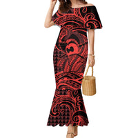Koa Ikaika Warrior Helmet with Shark Family Matching Mermaid Dress and Hawaiian Shirt Red Kakau Style LT9 Mom's Dress Red - Polynesian Pride