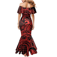 Koa Ikaika Warrior Helmet with Shark Family Matching Mermaid Dress and Hawaiian Shirt Red Kakau Style LT9 - Polynesian Pride